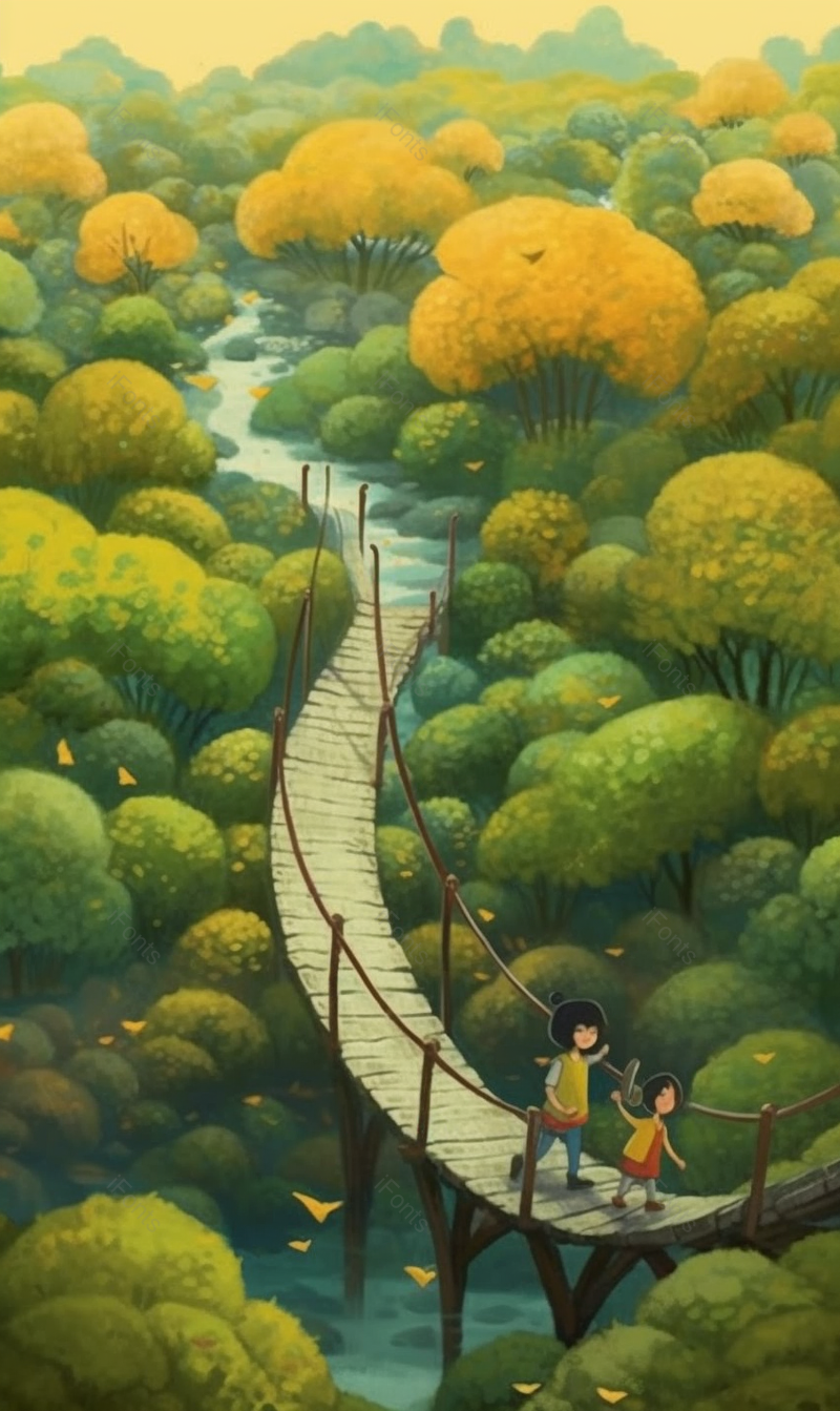 小河旁丛林中蜿蜒木桥两小孩散步插画背景,插画/手绘图,插画/手绘图库,插画/手绘图下载,插画/手绘